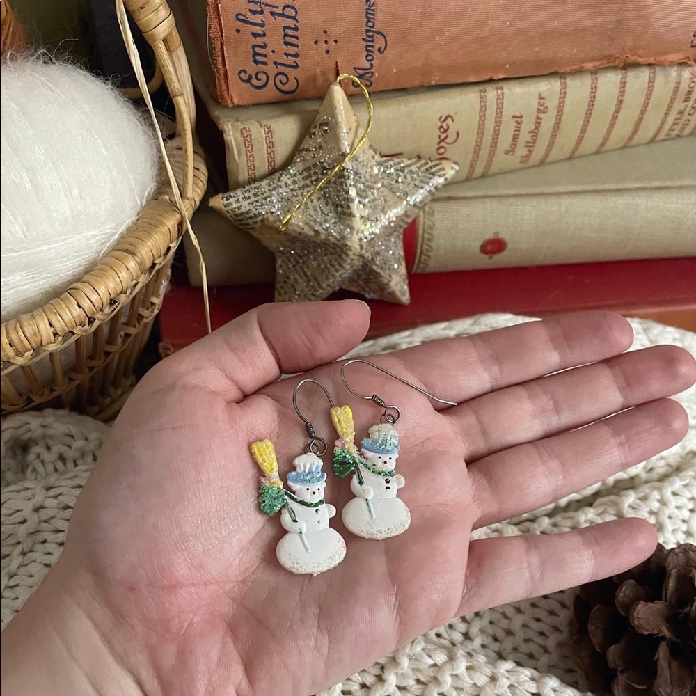Vintage Glittery Snowman Earrings